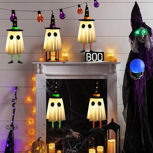 Halloween Hanging Ghosts with Witch Hat Lights, Set of 4 for Outdoor Yard Decor H703891