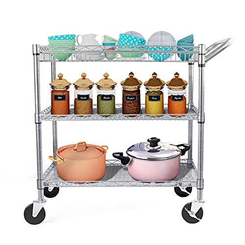 WDT Heavy Duty 3 Tier Utility Cart with Wheels, Commercial Grade Service Cart, 750LBS Capacity Silver L466