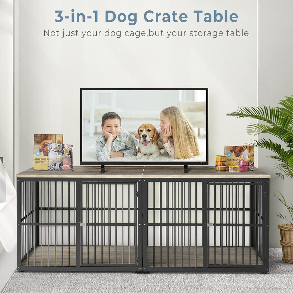 77.64" Dog Crate Furniture Large Breed TV Stand with Double Rooms, Wooden Kennel End Table C5910