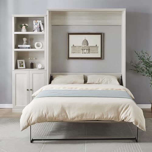 Queen Size Murphy Bed with Side Cabinet Storage Shelf, Rustic White X5267