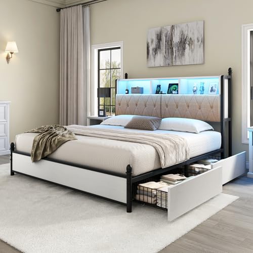 AMERLIFE Full Size Bed Frame with Bookcase Headboard, Charging Station, Rustic Brown H544