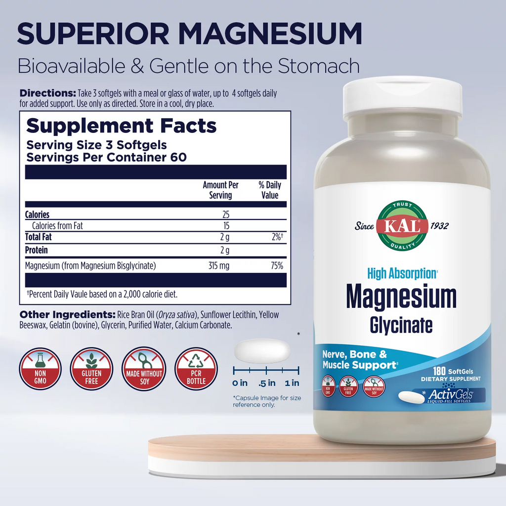 KAL Magnesium Glycinate ActivGels 315mg, 180 Softgels M352