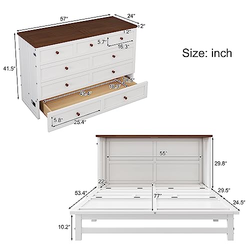 Ball & Cast Queen Size Solid Pine Murphy Bed with Charging Station, White + Walnut P2075