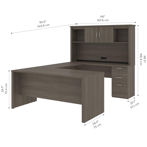 Bestar Logan 66W U or L-Shaped Executive Office Desk with Pedestal and Hutch, Bark Grey W17996