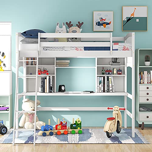 Harper & Bright Designs Full Size Loft Bed with Wardrobe and Desk, Solid Wood, White R4710