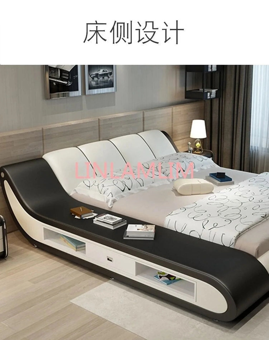 Genuine Leather Bed Frame with Storage Modern Bedroom Furniture J28956