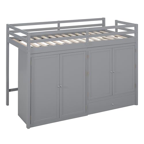 Harper & Bright Designs Twin Size Loft Bed with L-Shaped Desk and Stairs, Solid Wood, White D768