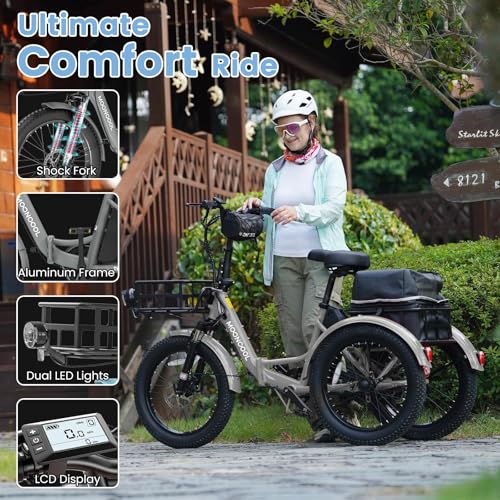 MOONCOOL Electric Tricycle for Adults, 500W 48V Folding 3-Wheel Bike with Basket O9027