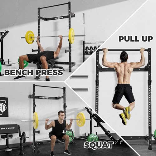 RitFit Multi-Functional Folding Squat Rack for Home Gym, Wall Mounted with Attachments V171188