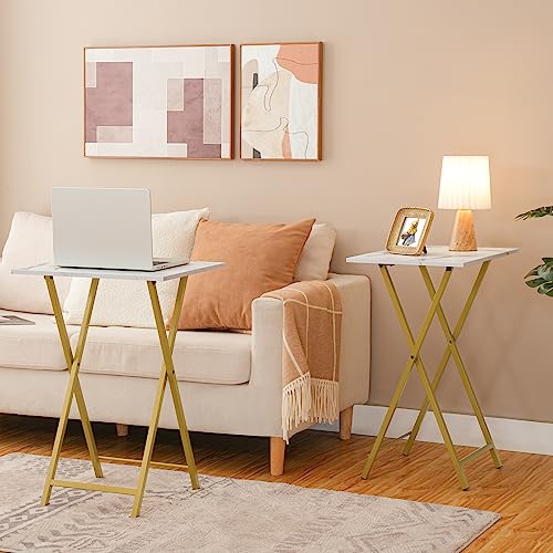 HOOBRO Folding TV Tray Tables, Set of 2, Marble and Gold C48497
