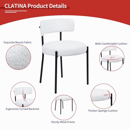 CLATINA White Boucle Dining Chair, Mid-Century Modern Upholstered Chair with Metal Legs R525