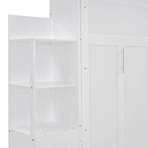 PURLOVE Queen Size Solid Wood Murphy Bed with Shelves and LED Lights H5456