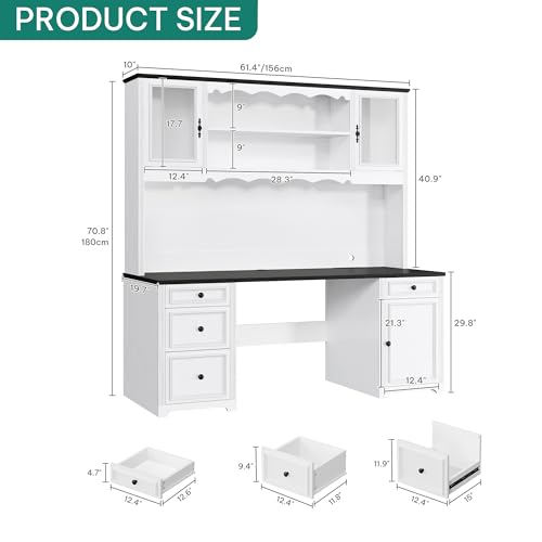 YITAHOME Executive Desk with Hutch, Drawers, Power Outlet & LED Lights, White & Black Z850393