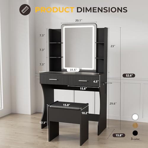 White Vanity Desk with LED Mirror and Storage Stool D5834