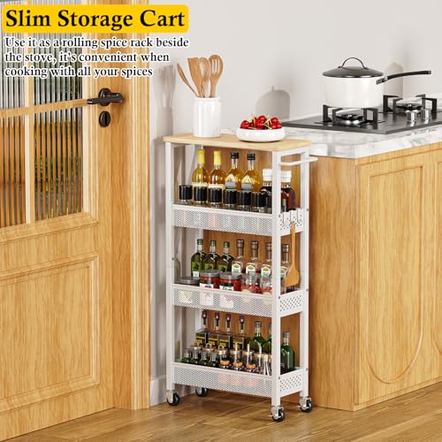Utility Slim Storage Cart 4-Tier Rolling Cart with Wood Top A517006