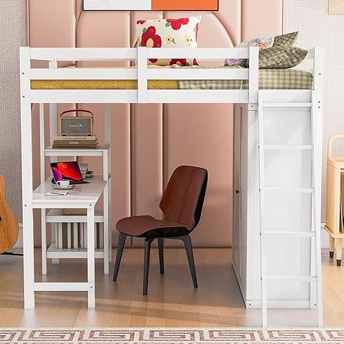 Harper & Bright Designs Full Size Loft Bed with Wardrobe and Desk, Solid Wood, White R4710
