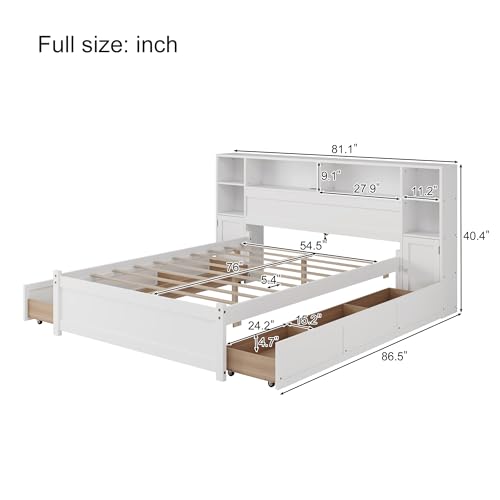 SOFTSEA Twin Size Captains Bed with 6 Storage Drawers and Bookcase Headboard, White H51434