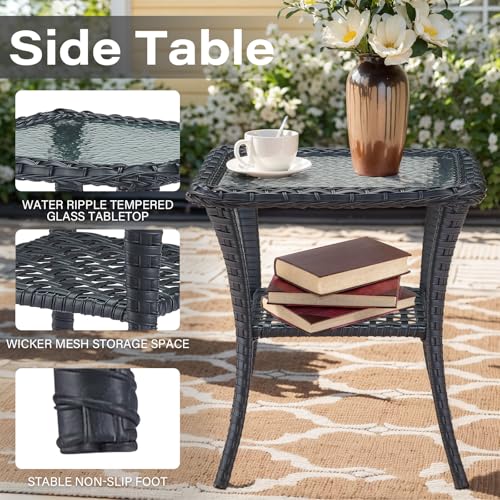 Outdoor Wicker Swivel Rocker Chairs Set of 2 with Rattan Side Table, Brown/Blue B592