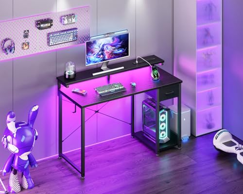 AODK Gaming Desk with LED Lights & Power Outlet, 40 Inch, Black T67329