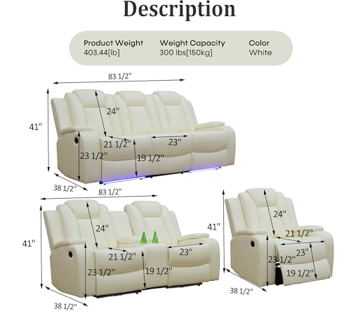 Leather Recliner Sofa Set with LED Lights, USB Port and Storage Console, 3 Piece, Black T442650