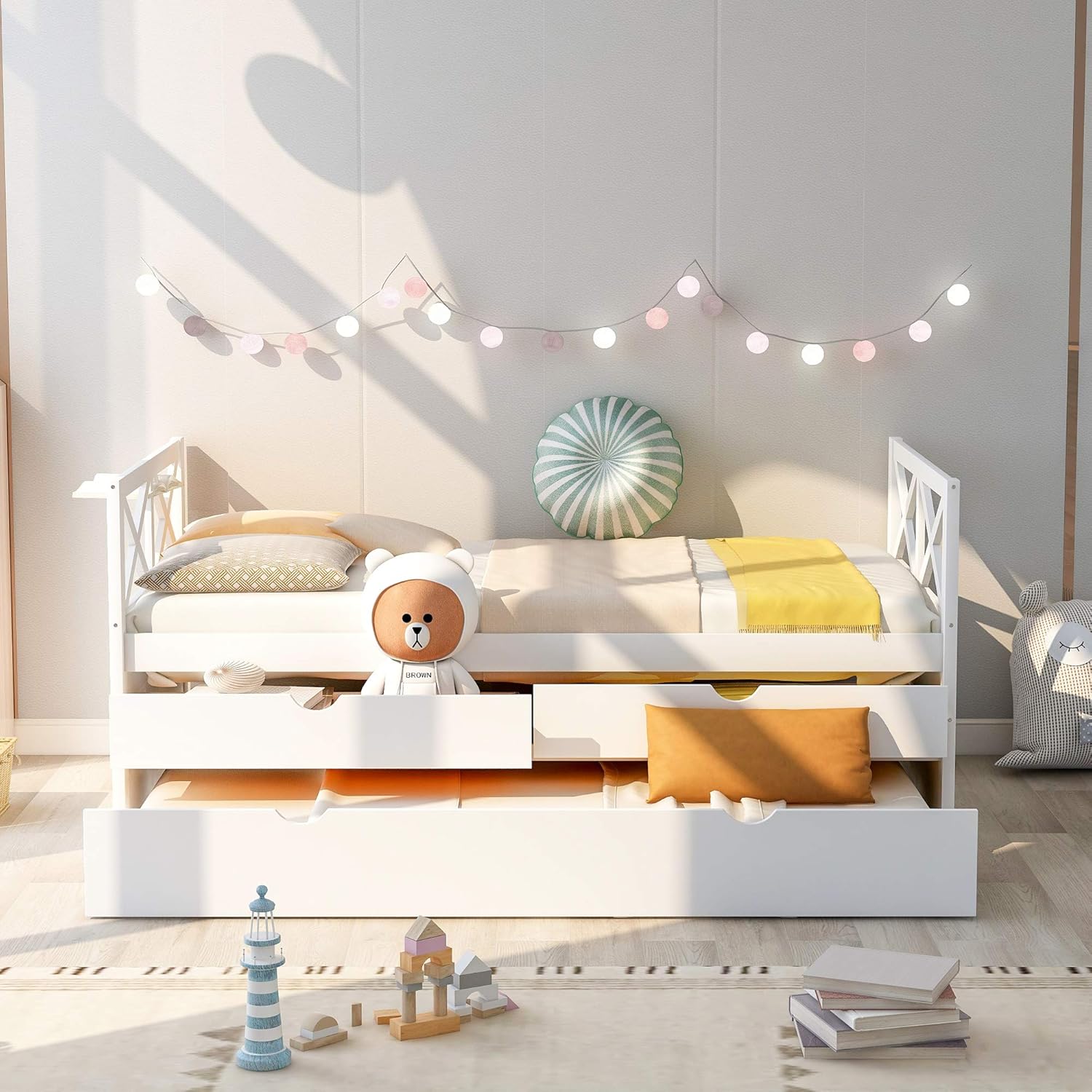 Twin Captain's Bed, Twin Daybed with Trundle and 2 Storage Drawers, Wood Twin Platform Bed Frame with Headboard and Footboard for Kids Teens Adults, No Box Spring Need, Easy Assembly, White