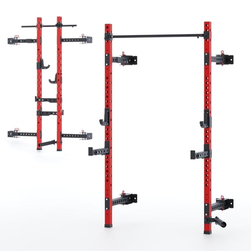 QSNSILK 2.36" x 2.36" Folding Squat Rack, Wall-Mounted Power Cage with Pull-up Bar, J-Hooks, Landmine, Spotter Arms, 1000LBS Capacity, Space-Saving Home Gym