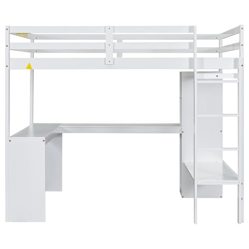 SOFTSEA Full Size Loft Bed with Desk & Wardrobe, White F150304