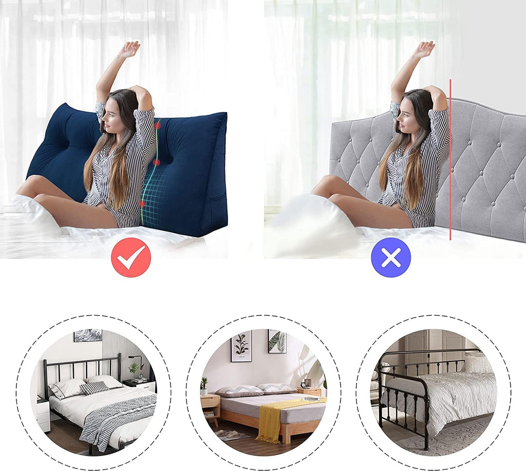 Roner Ergonomics Headboard Reading Pillow Back Support for Sitting Up in Bed Large Velvet Deep Blue Q5571