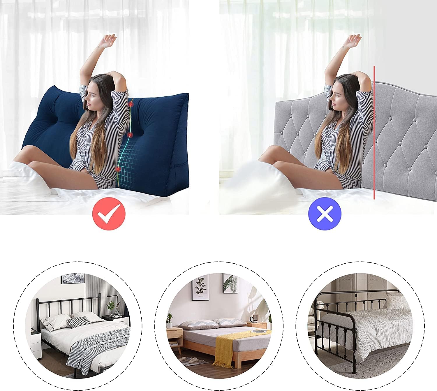 Roner Ergonomics Headboard Reading Pillow Back Support for Sitting Up in Bed Large Velvet Deep Blue Q5571