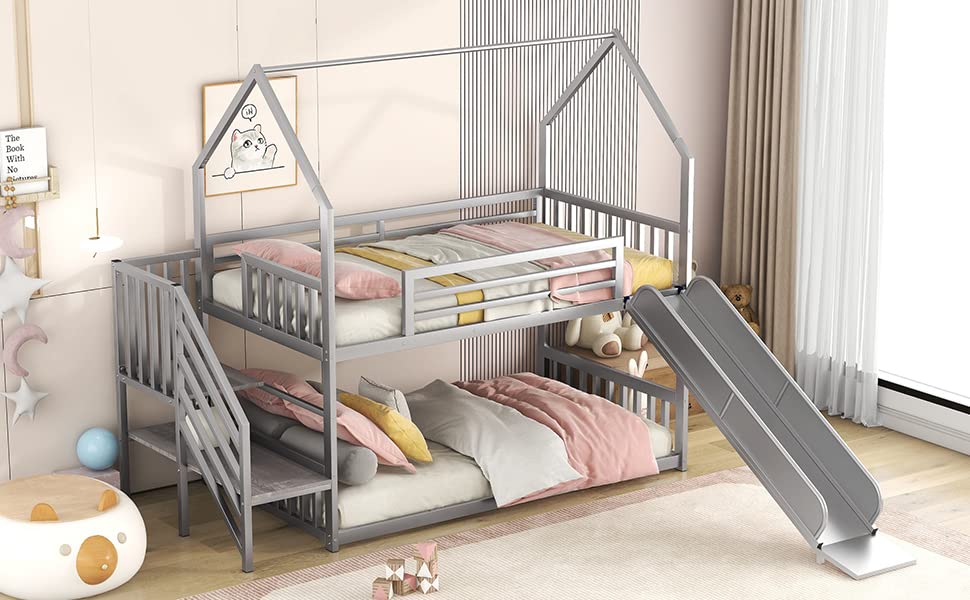 Twin Over Twin Metal Bunk Bed with Slide and Storage Stairs, Black P81241