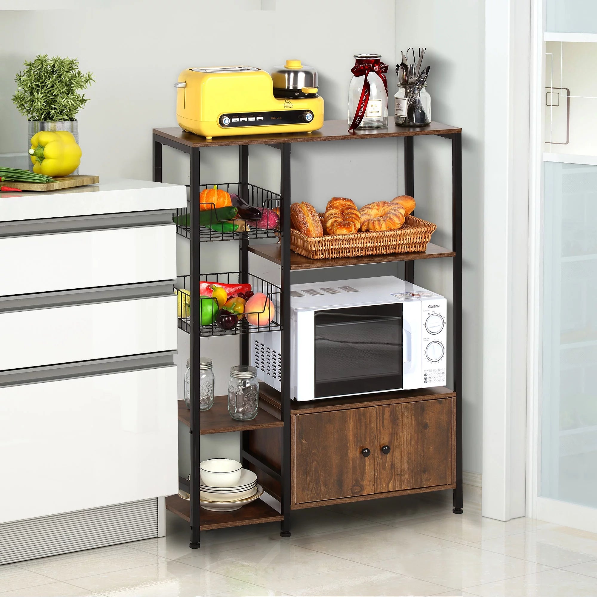 NAIYUFA 5-Tier Kitchen Bakers Rack with Cabinet, Wood Brown G3977