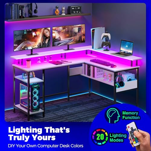 Rolanstar Computer Desk 56.7" with LED Lights and Power Outlets, Carbon Fiber Surface K1543