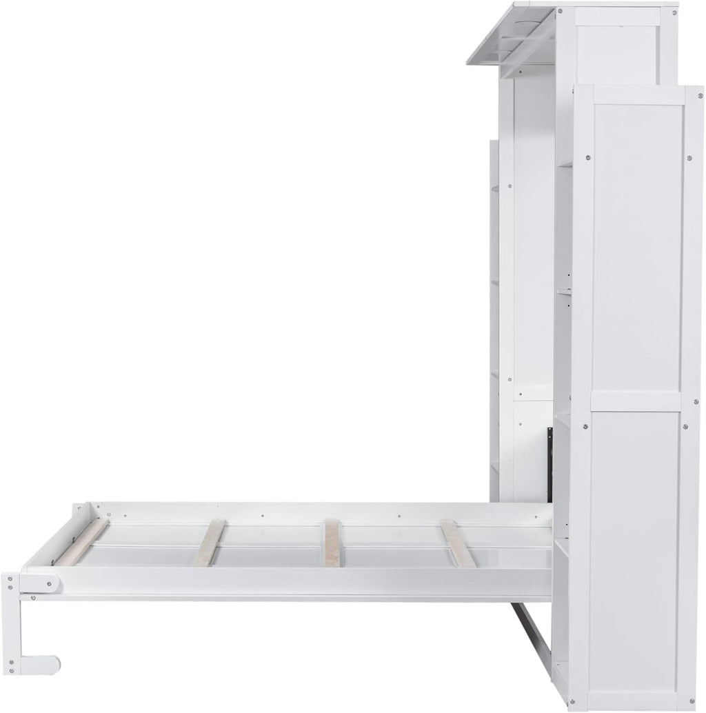 Merax Murphy Bed Queen Size Wooden Wall Bed with Shelves and LED Lights, White U14073