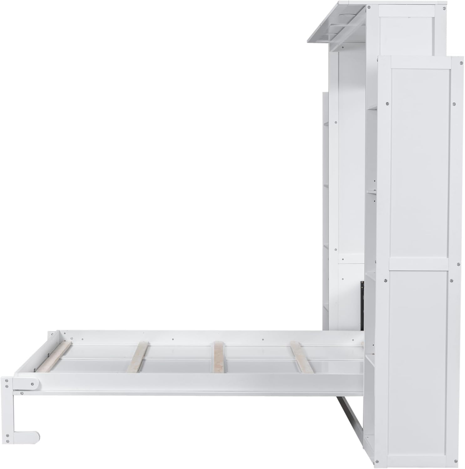 Merax Murphy Bed Queen Size Wooden Wall Bed with Shelves and LED Lights, White U14073