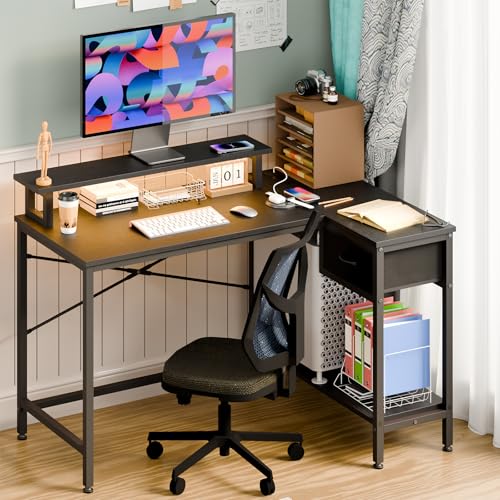 Fixwal L Shaped Gaming Desk with Power Outlets and LED Lights, Rustic Brown J2138