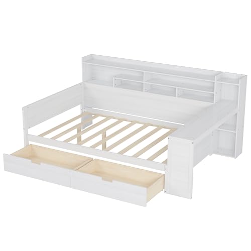 Bellemave Twin Corner Bed Frame with Storage Shelves and Desk, Gray L74206
