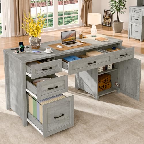 Farmhouse 61" Executive Desk with 5 Drawers and Charging Station, Pure Black W116439