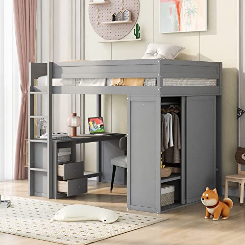 Full Size Loft Bed with Storage Wardrobe and Desk Wooden Loft Beds Frame with Drawers and Cabinet Wood High Loft Beds with Ladder for Kids Teens Adults, White