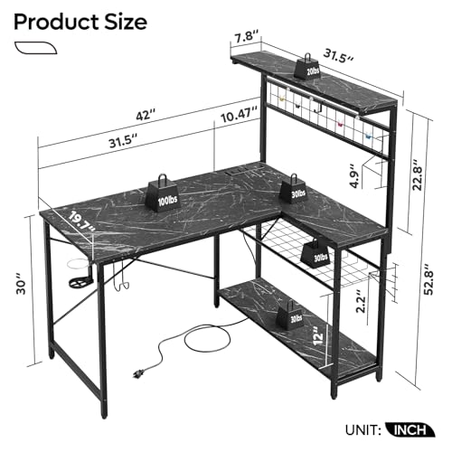 Bestier 42 L Gaming Desk with Power Outlets, LED Lights and Shelves D8630
