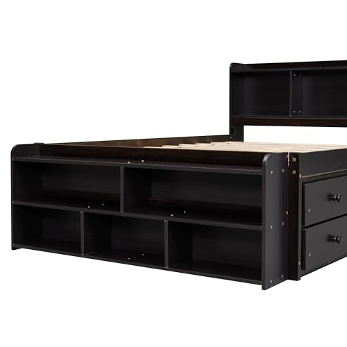 SOFTSEA Full Size Platform Bed with Storage Drawers and Bookcase Headboard, White V613109