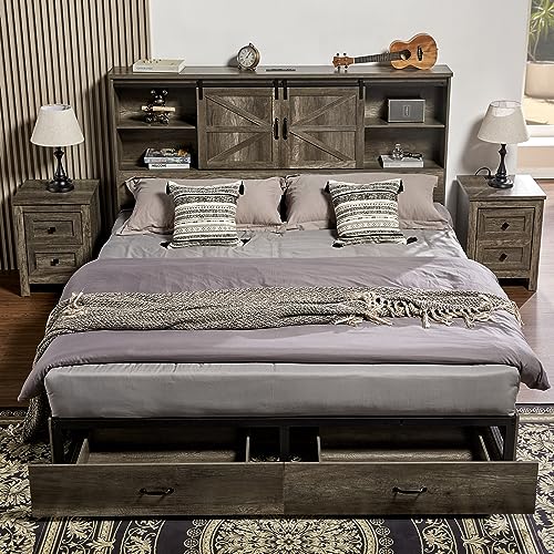 VanAcc Full Size Wooden Platform Bed with Bookcase Headboard and 2 Drawers O6158