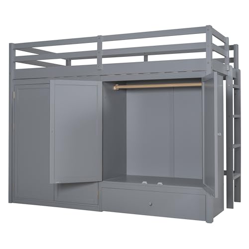 Harper & Bright Designs Twin Size Loft Bed with L-Shaped Desk and Stairs, Solid Wood, White D768