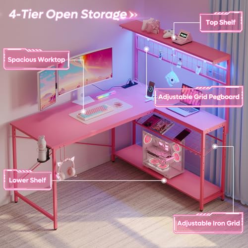 Bestier 42 L Gaming Desk with Power Outlets, LED Lights and Shelves D8630