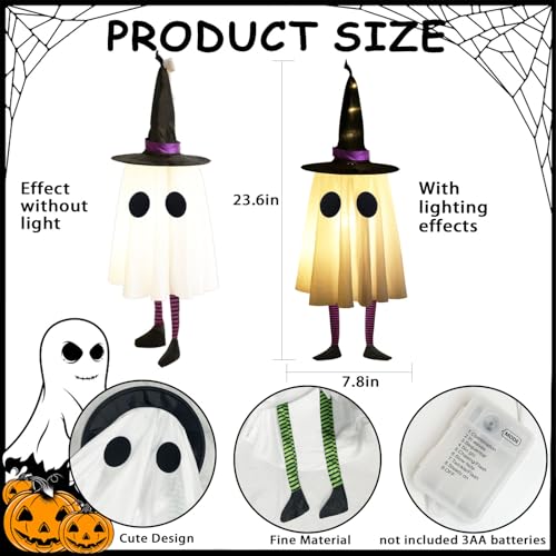 Halloween Hanging Ghosts with Witch Hat Lights, Set of 4 for Outdoor Yard Decor H703891