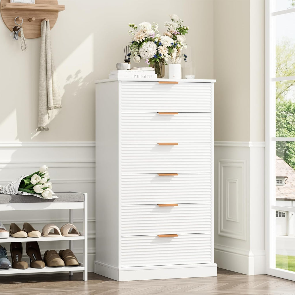 6 Drawer Dresser, Tall White Chest with Handles for Home & Office E6924