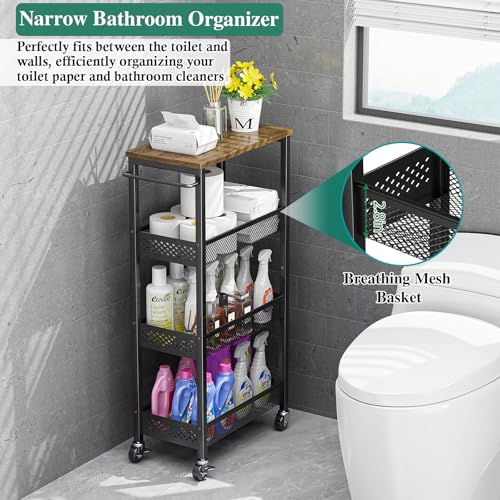 Utility Slim Storage Cart 4-Tier Rolling Cart with Wood Top A517006
