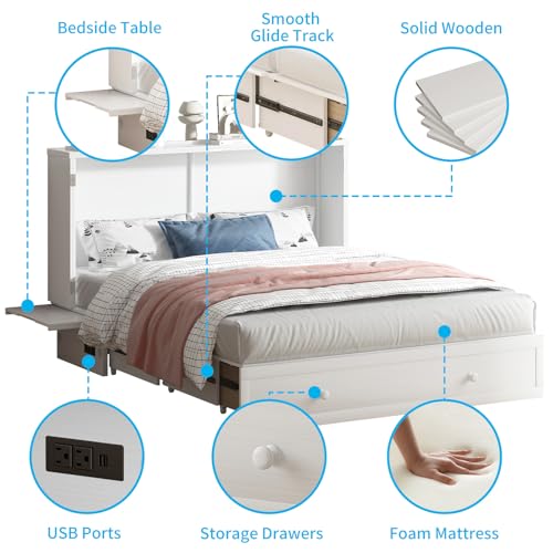 Mjkone Murphy Bed Queen Cabinet Bed with Tri-fold Mattress and USB Charging Station, White J746862