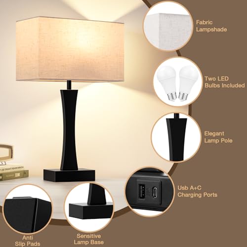 3 Way Dimmable Bedside Lamp Set of 2 with USB Ports C63781