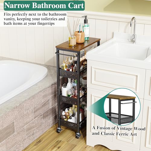 Utility Slim Storage Cart 4-Tier Rolling Cart with Wood Top A517006
