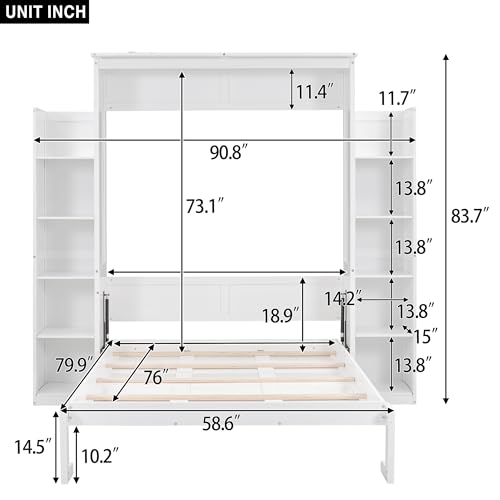 Queen Size Murphy Bed with Shelves and LED Lights, Foldable Wood Wall Bed Frame S155886